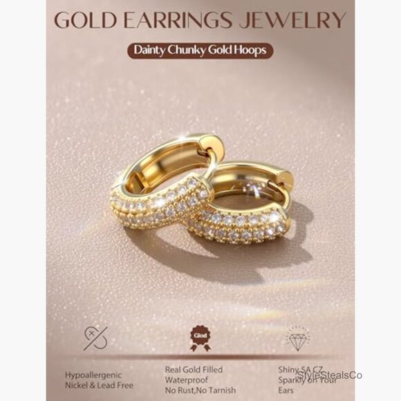 Small Chunky Gold Hoop Earrings Set 8 Pairs Hypoallergenic 14K Gold Filled - Picture 3 of 7